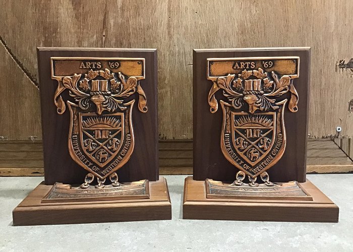 The University of Western Ontario Vintage Copper and Wood Solid Bookends University of Western ... photo